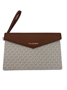 Michael Kors Maisie Leather Brown White Canvas GHW XL Envelope Clutch Wristlet